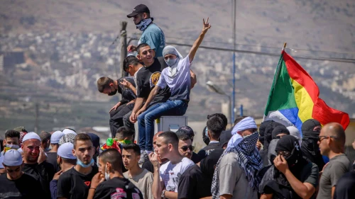 Druze protest against the construction of a new wind farm in the Druze village of Mas'ada in the Golan Heights, June 21, 2023. Photo: Ayal Margolin/Flash90