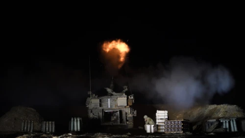 An Israel Defense Forces artillery unit fires towards the Gaza Strip near the border in southern Israel on May 13, 2021. Photo by Gili Yaari /Flash90.