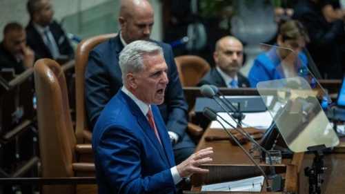 U.S. House Speaker Kevin McCarthy speaks during the opening of the summer session at the Knesset in Jerusalem, May 1, 2023. Photo by Yonatan Sindel/Flash90.