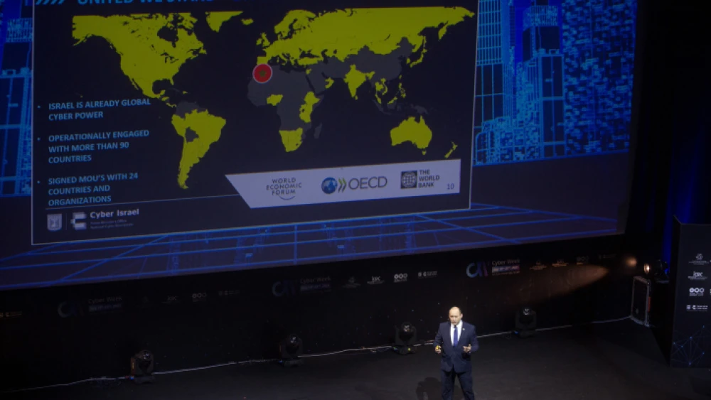 Israeli Prime Minister Naftali Bennett speaks at the annual Cyber Week conference at Tel Aviv University, on July 21, 2021. Photo by Miriam Alster/Flash90.