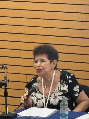 Dina Porat, professor emerita of modern Jewish history at Tel Aviv University, addresses the "Contemporary Antisemitism 2026" conference in Haifa, July 7, 2026. Photo by James Spiro.