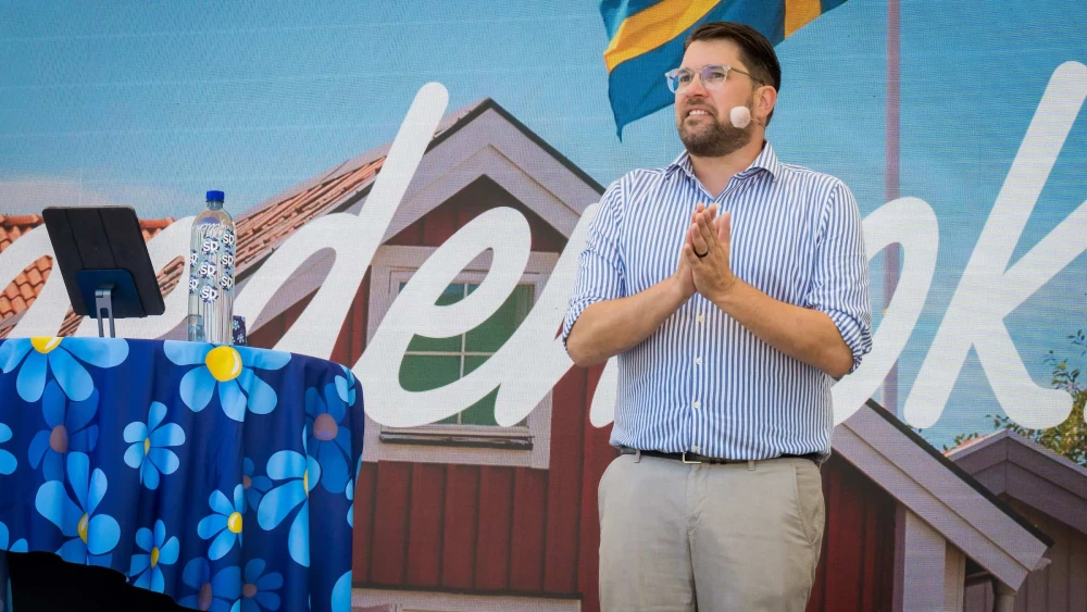 Jimmie Åkesson speaks at a rally of his Sweden Democrats party in Stockholm, Sweden on May 3, 2025. Photo Credit: Courtesy of the Sweden Democrats.