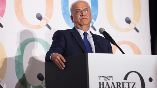 Palestinian official Saeb Erekat speaks at the “Haaretz” and New Israel Fund conference at the Roosevelt Hotel in New York City on Dec. 13, 2015. Photo by Amir Levy/Flash90.
