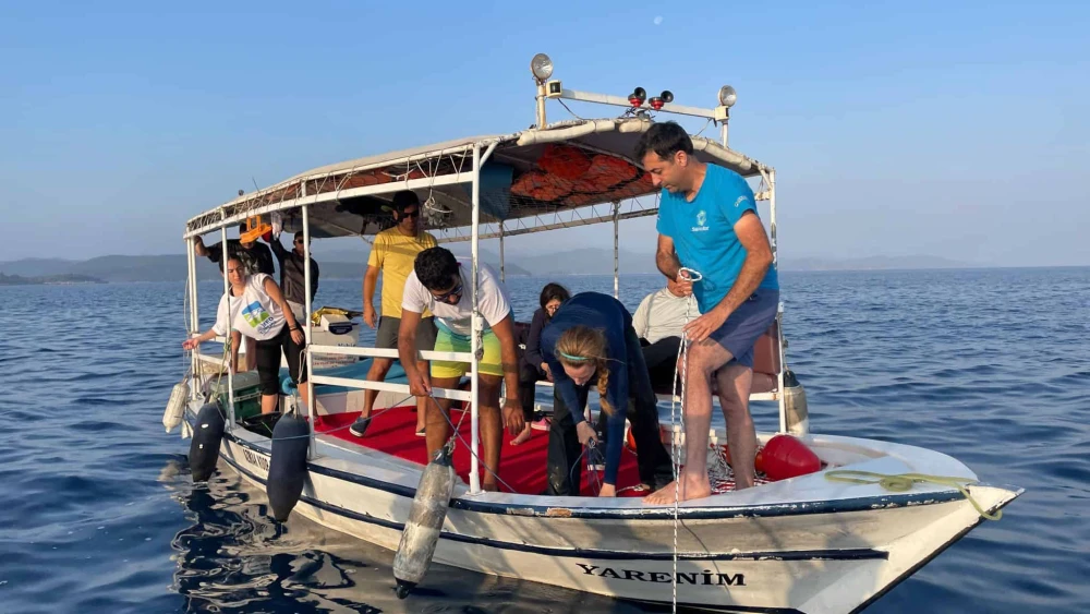 Dr. Aviad Scheinin, Dr. Leigh Livne and Turkish team members deploy a bottom longline at 60 meters’ depth in Boncuk Bay, Turkey. Photo by Akdeniz Koruma/Mediterranean Conservation Society.