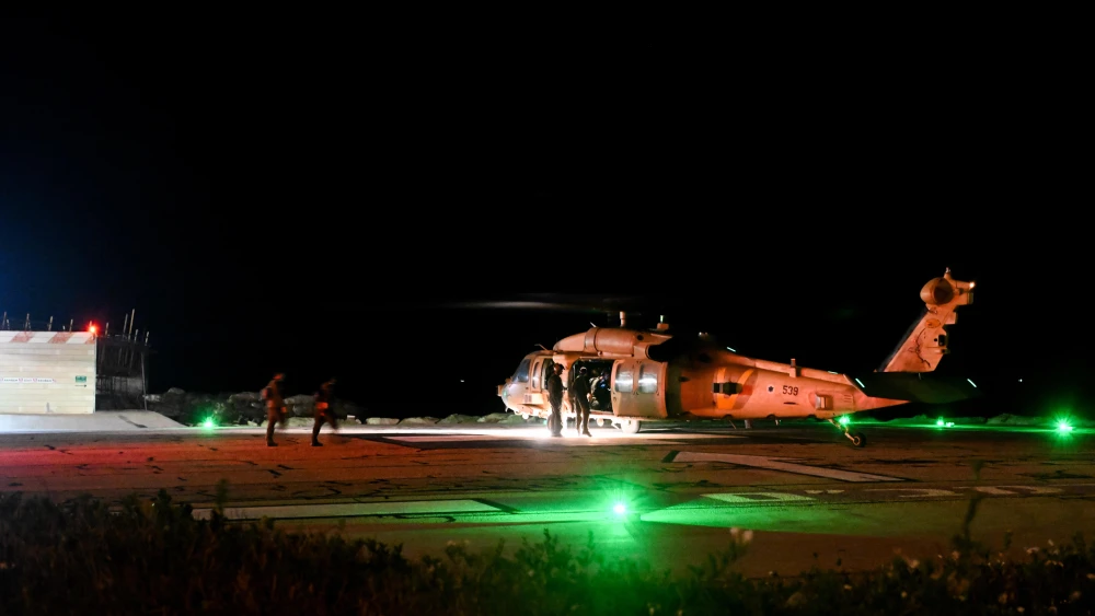 A military helicopter is seen after evacuating wounded men from the drone attack, at the Rambam hospital, in the northern Israeli city of Haifa, Oct. 13, 2024. Photo by Flash90.