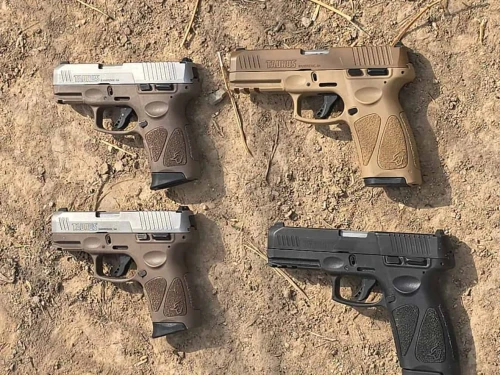 Four handguns seized by Israeli security forces during an attempted smuggling from Jordan on May 5, 2025. Credit: IDF Spokesperson’s Unit.