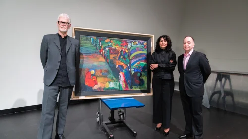 Today the painting 'Bild mit Häusern' by Wassily Kandinsky has been transferred to the heirs of the Jewish former owners, in the presence of Deputy Mayor Touria Meliani, James Palmer on behalf of the heirs and director Stedelijk Museum Rein Wolfs. (Credit: Stedelijk Museum, Twitter).