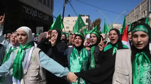 Palestinian women march in Hebron in support of Hamas in the Gaza Strip, Oct. 13, 2023. Photo by Wisam Hashlamoun/Flash90.