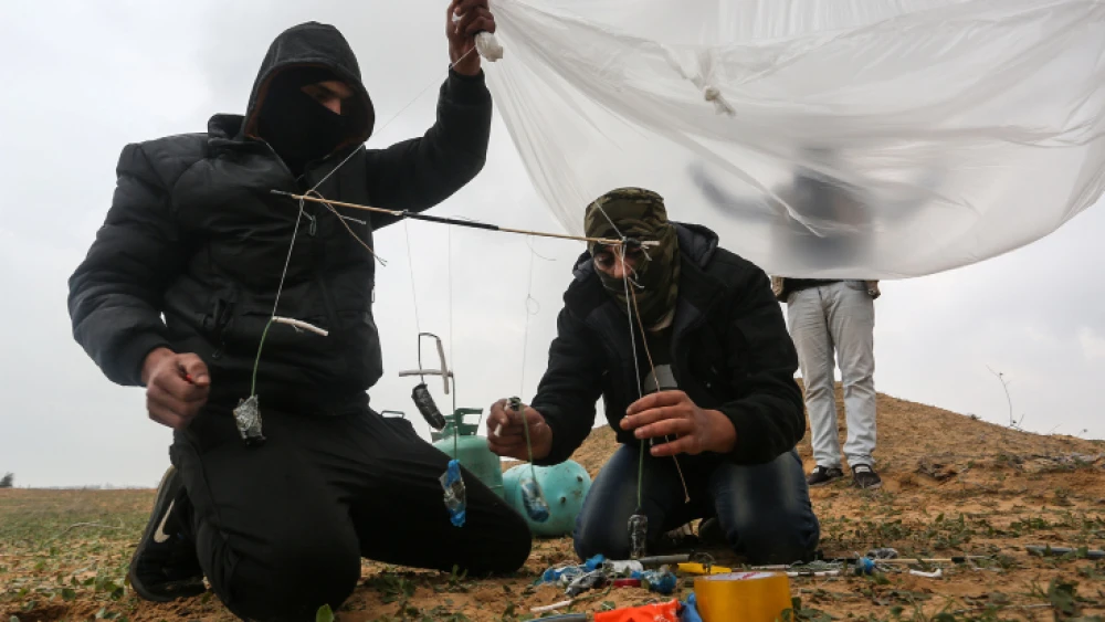 Palestinians prepare an incendiary device to be launched near the Israel-Gaza border in the southern Gaza Strip, on Jan. 18, 2020. Photo by Abed Rahim Khatib/Flash90.