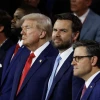 From left: Right-wing political commentator Tucker Carlson, Rep. Byron Donalds (R-Fla.); Republican presidential candidate and former U.S. President Donald Trump; Republican vice presidential candidate, Sen. J.D. Vance (R-Ohio); and Speaker of the House Mike Johnson (R-La.) on the first day of the Republican National Convention at the Fiserv Forum in Milwaukee, July 15, 2024. Photo by Chip Somodevilla/Getty Images.