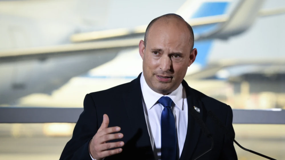 Israeli Prime Minister Naftali Bennett holds a press conference at Ben-Gurion International Airport on June 22, 2021. Photo by Flash90.