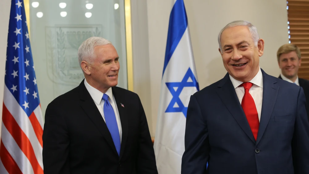 Vice President Mike Pence is welcomed by Israeli Prime Minister Benjamin Netanyahu at the Prime Minister's Office in Jerusalem on January 22, 2018. Credit: Alex Kolomoisky/POOL/Flash90.