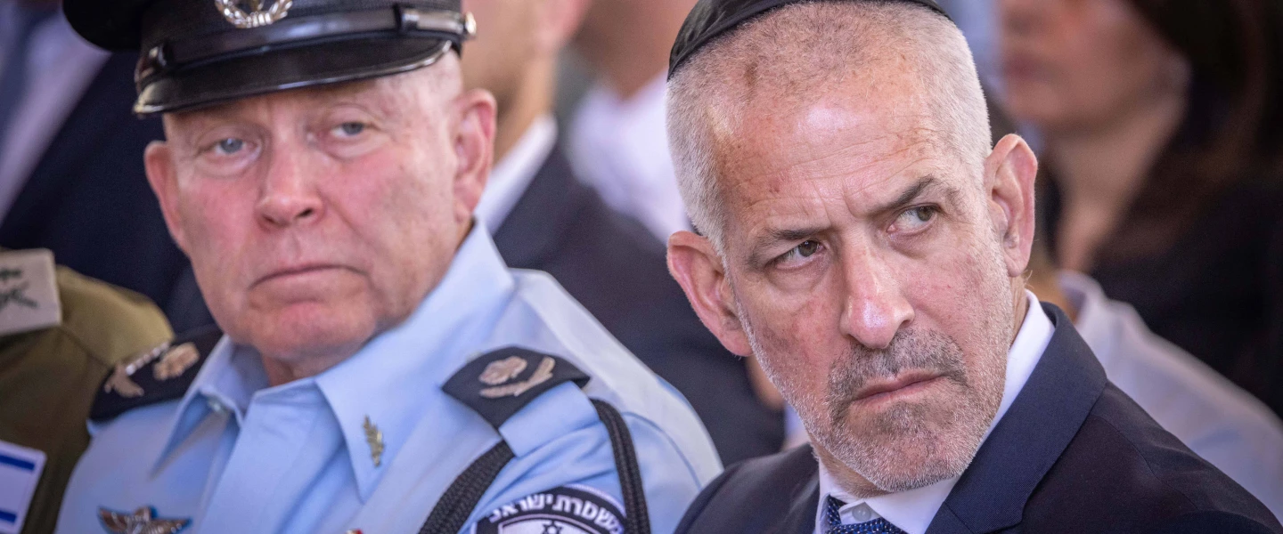 Shin Bet Director Ronen Bar (right) attends a state ceremony at the Mount Herzl Military Cemetery in Jerusalem marking the Hebrew calendar anniversary of the previous year's Hamas-led terrorist invasion, Oct. 27, 2024. Photo by Chaim Goldberg/Flash90.