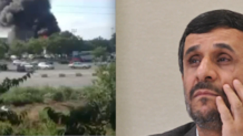 Click photo to download. Caption: According to JNS.org columnist Jonathan Tobin, the "true face of Iran" was revealed on the bloodstained pavement of Burgas, Bulgaria, where a terrorist bombing (pictured at left) took the lives of five Israeli tourists and a local bus driver. The face of Iran can also be seen as President Mahmoud Ahmadinejad (pictured at right), whose Holocaust denial is well known. Credit: Wikimedia Commons/YouTube.