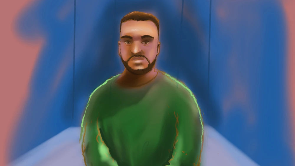 A sketch by artist Rocco Fazzari shows Bondi Beach shooter Naveed Akram appearing via video link at Downing Centre Local Court in Sydney, Feb. 16, 2026. Photo by Rocco Fazzari/AFP via Getty Images.