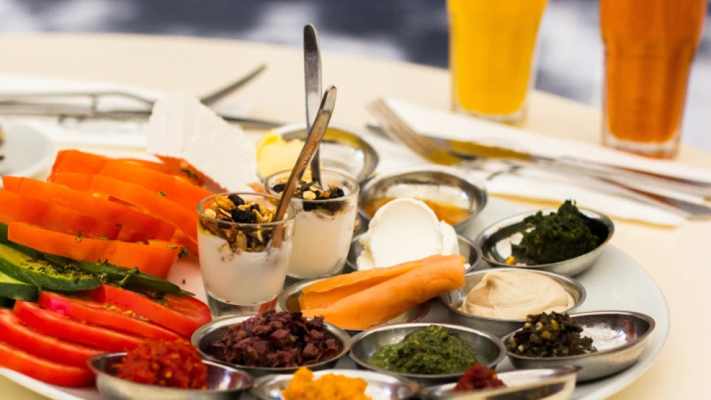 An Israeli breakfast at a cafe in the center of Jerusalem, Israel on July 26, 2015. Photo by Garrett Mills/Flash 90