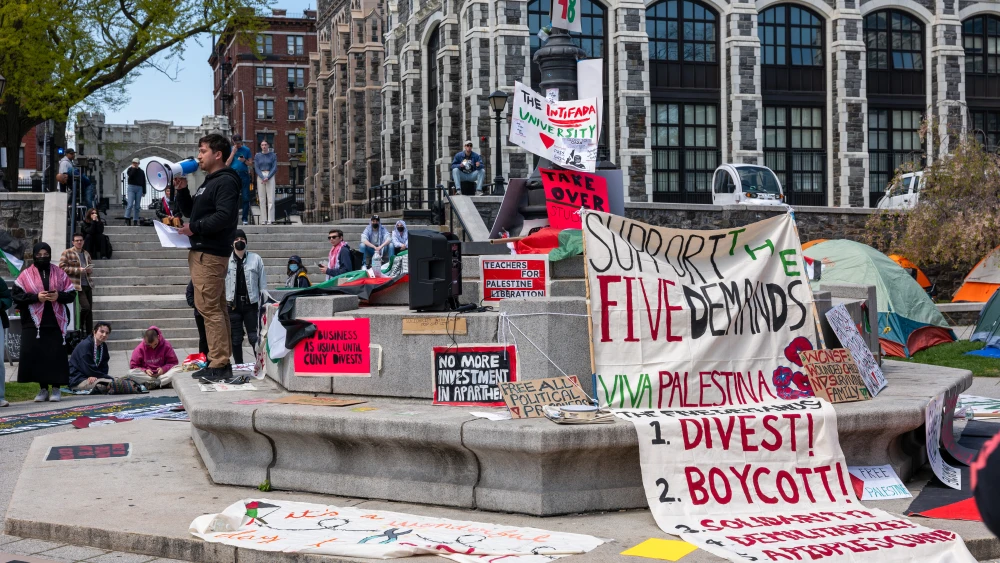 Students at an anti-Israel encampment at the City College of New York demand a boycott of Israel on April 26, 2024. Photo by Spencer Platt/Getty Images.