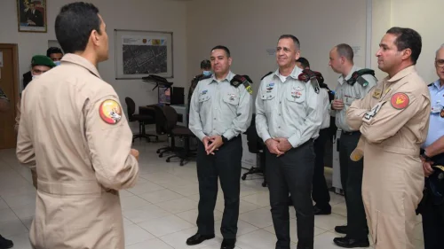 IDF Chief of Staff Lt. Gen. Aviv Kochavi (second from right) visits the "Ben Grier" airbase of the Royal Moroccan Armed Forces, July 20, 2022. Credit: Israel Defense Forces.