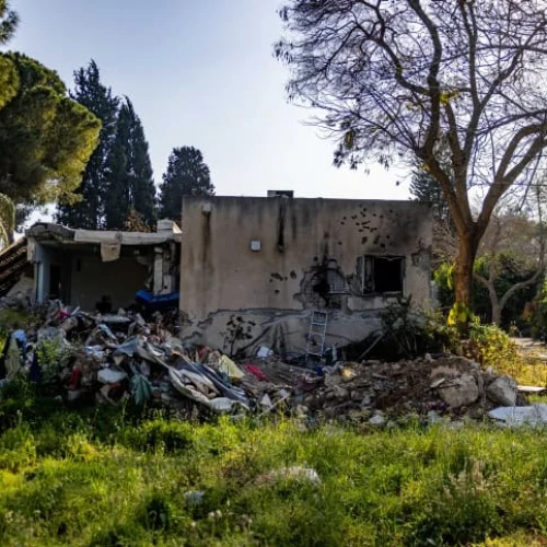 The aftermath of Hamas's Oct. 7 invasion of Kibbutz Kfar Aza in southern Israel, April 7, 2024. Photo by Chaim Goldberg/Flash90.