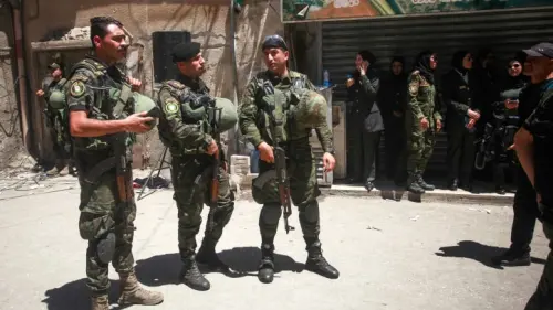 Palestinian Authority police officers on duty during a visit by P.A. head Mahmoud Abbas to Jenin on July 12, 2023. Photo by Nasser Ishtayeh/Flash90.