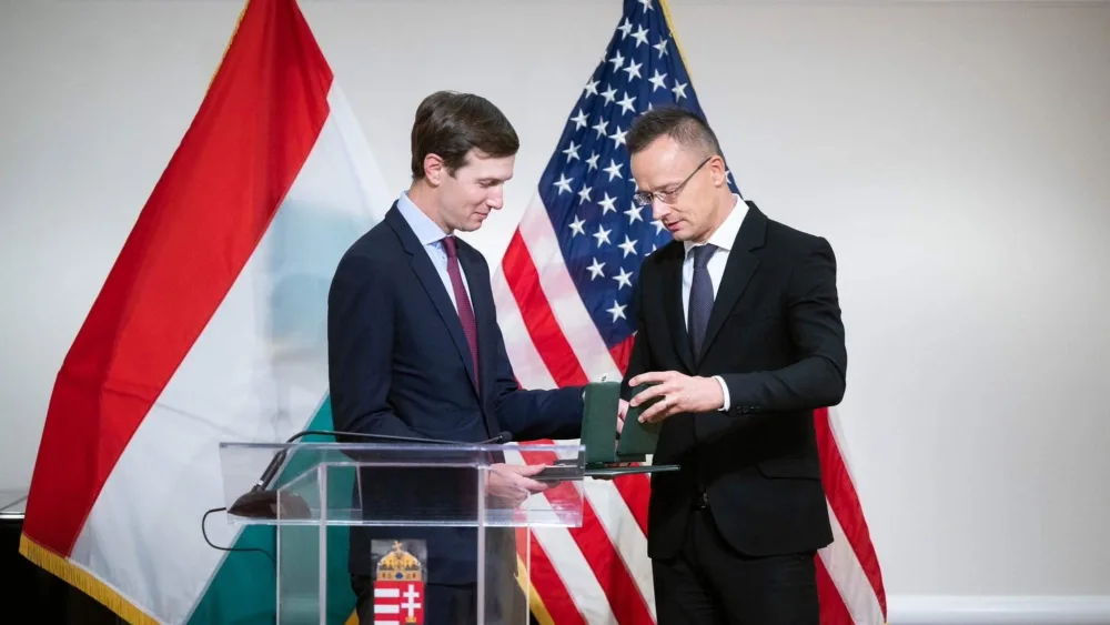 Former White House Senior Advisor Jared Kushner receives the order of Merit of Hungary from Hungarian Foreign Minister Peter Szijjarto in New York on Thursday. Courtesy Hungarian Mission to the United Nations.