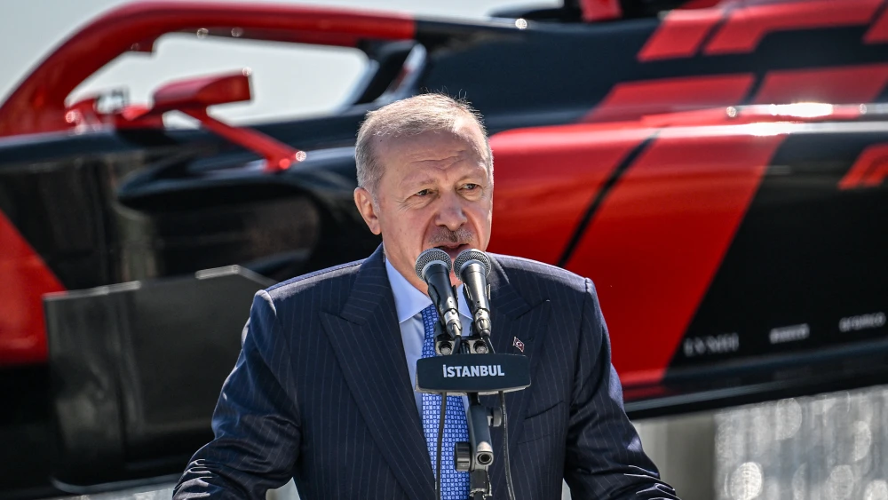 Turkey's President Recep Tayyip Erdogan delivers a speech at Dolmabahce Palace Presidental, in Istanbul, on April 24,2026. Photo by Ozan Kose / AFP via Getty Images.