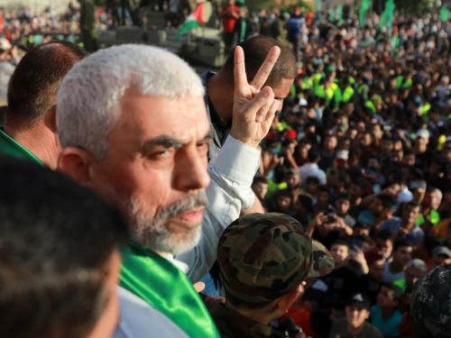 Hamas leader Yahya Sinwar at a rally in Beit Lahiya, the Gaza Strip, on May 30, 2021. Photo by Atia Mohammed/Flash90.