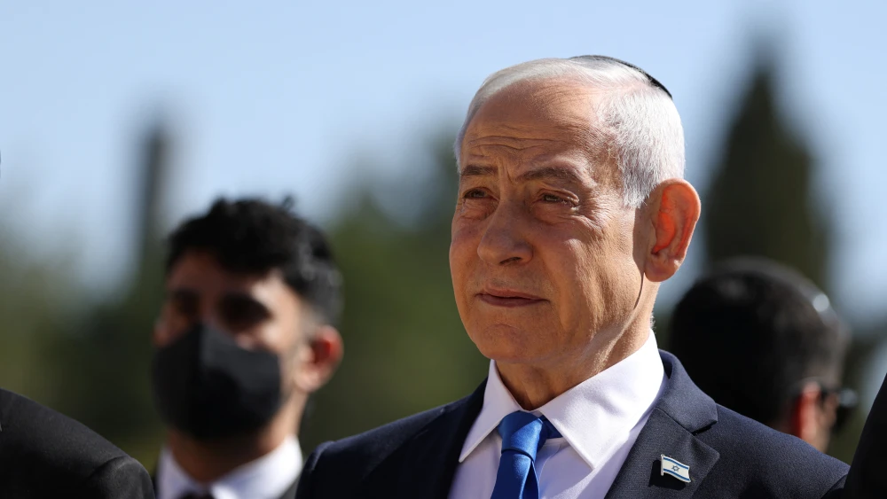 Israel's Prime Minister Benjamin Netanyahu attends a wreath-laying ceremony marking the annual Holocaust Remembrance Day at the Yad Vashem Holocaust Memorial Museum in Jerusalem on April 14, 2026. Photo by Ilia Yefimovich / AFP via Getty Images.