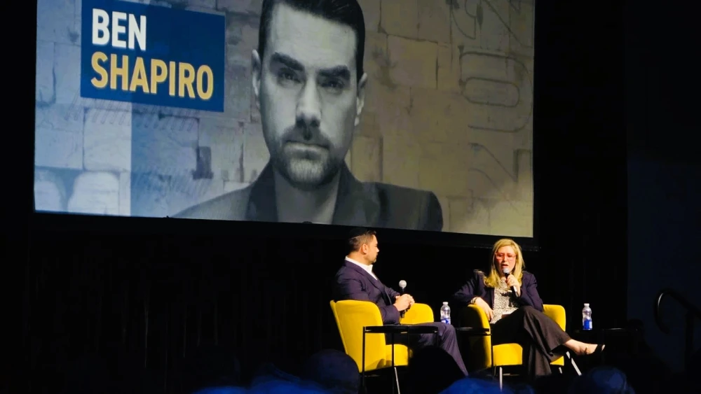 Moderator Naya Lekht, co-founder of the group Stop Antizionism, with conservative political commentator Ben Shapiro at the World Symposium Against Antizionism in Toronto on May 17, 2026. Credit: Courtesy.