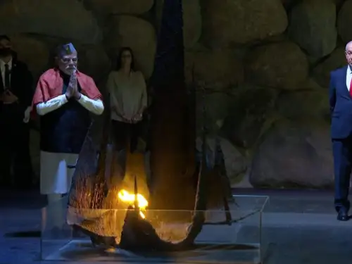 Narendra Modi, the Indian prime minister, places a wreath at the Yad Vashem Holocaust memorial in Jerusalem as Israeli Prime Minister Benjamin Netanyahu looks on, Feb. 26, 2026. Credit: YouTube/IsraeliPM.