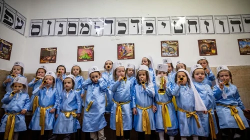 Jewish children from Pinsk-Karlin Chassidic group dressed up in costumes at their school in Jerusalem's ultra-Orthodox Mea Shearim neighborhood a few days before Purim, March 5, 2022. Photo by Yonatan Sindel/Flash90.