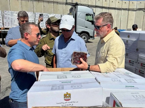 Reps. Josh Gottheimer (D-N.J.), Rick Crawford (R-Ark.) and Ronny Jackson (R-Texas) visit the Kerem Shalom humanitarian aid staging site on the border with Gaza, 6 August, 2025. Photo: Courtesy.
