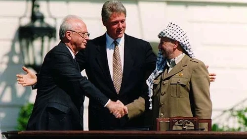 From left: Israeli Prime Minister Yitzhak Rabin, U.S. President Bill Clinton and Palestine Liberation Organization head Yasser Arafat at the signing of the Oslo Accords on Sept. 13, 1993. Credit: Vince Musi/The White House.