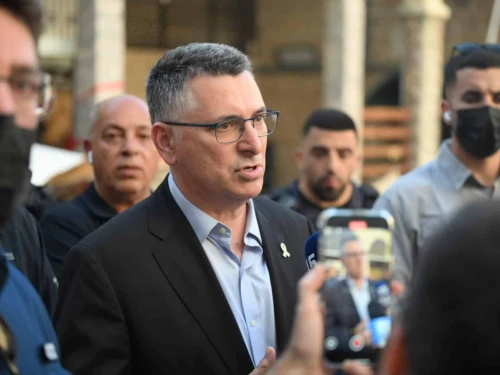 Israeli Foreign Minister Gideon Sa’ar speaks to the foreign press at the site where an Iranian missile hit the Al-Jarina Mosque in Haifa's Wadi Nisnas neighborhood on June 20, 2025. Photo by Eran Yardeni/GPO.
