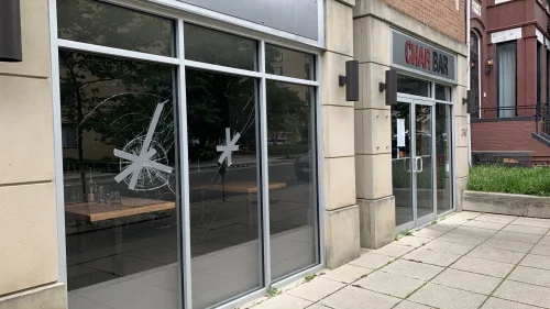 Some of the windows at Char Bar, one of the few kosher restaurants in Washington, D.C., were smashed during riots on June 1, 2020. Source: Aaron Keyak via Twitter.