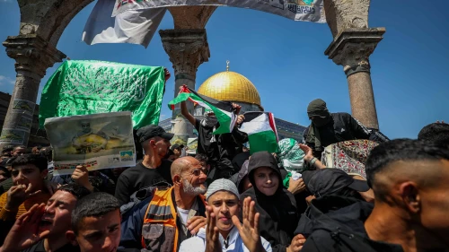 Palestinians protest after Friday prayers during the month of Ramadan at the Temple Mount in Jerusalem's Old City, April 14, 2023. Photo by Jamal Awad/Flash90.