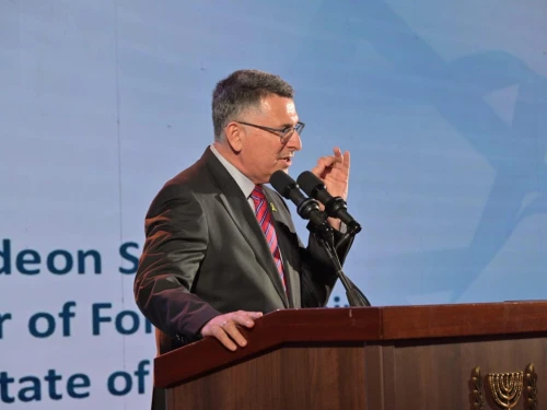 Israeli Foreign Minister Gideon Sa'ar addressing the International Holocaust Remembrance Alliance conference in Jerusalem on Tuesday.