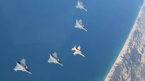 French and Israeli fighter jets fly in formation as part of the "Eastern Breeze" joint military exercise, which concluded on Dec. 6, 2022. Credit: IDF.