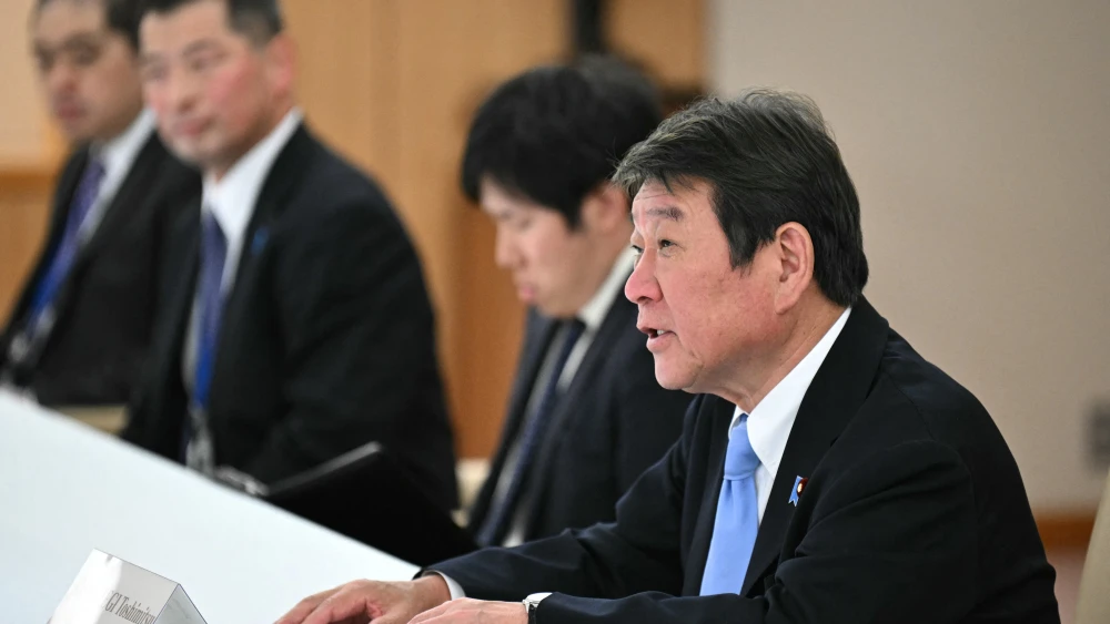 Japan Foreign Minister Toshimitsu Motegi (right) meets with Australian Foreign Minister Penny Wong (unseen) at the Foreign Ministry in Tokyo on April 28, 2026. Photo by Philip Fong/AFP via Getty Images.