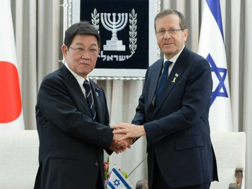 Israeli President Isaac Herzog meets with Japanese Foreign Minister Motegi Toshimitsu in Jerusalem on Jan. 12, 2026. Photo by Maayan Toaf/GPO.