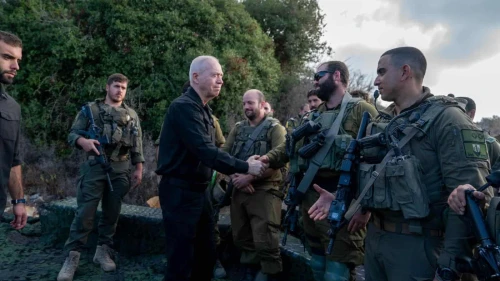 Israeli Defense Minister Yoav Gallant with soldiers of the Israel Defense Forces' 188th Armored and Golani brigades, Sept. 30, 2024. Photo by Ariel Hermoni/Defense Ministry.