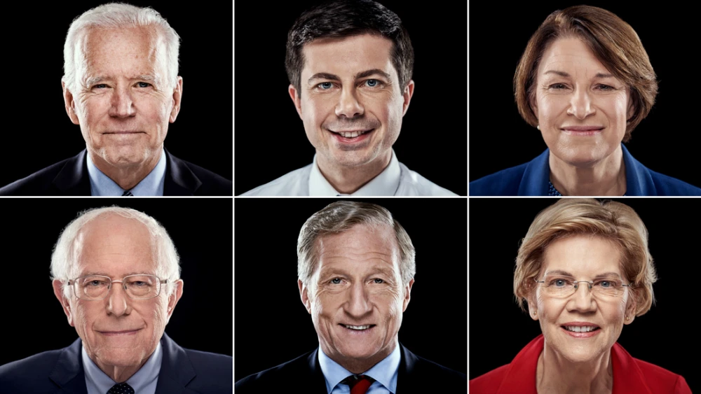 The presidential candidates that were in the Democratic primary debate on Jan. 14, 2019, clockwise: former U.S. Vice President Joe Biden; former South Bend, Ind., Mayor Pete Buttigieg; Sen. Amy Klobuchar (D-Minn.); Sen. Elizabeth Warren (D-Mass.), billionaire Tom Steyer; and Sen. Bernie Sanders (I-Vt.). Credit: CNN/Twitter.