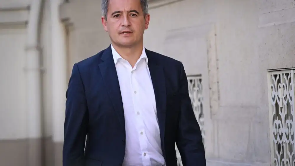French Interior Minister Gerald Darmanin arrives for a meeting in Paris on strengthening security at Jewish community sites, Oct. 9, 2023. Photo by Bertrand Guay/POOL/AFP via Getty Images.