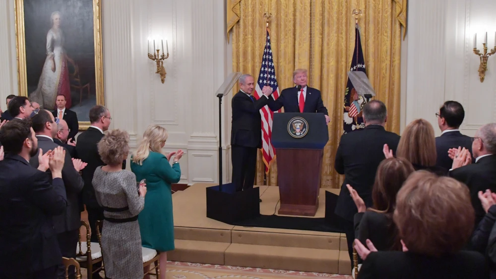 U.S. President Donald Trump and Israeli Prime Minister Benjamin Netanyahu at the White House following the unveiling of the U.S. Middle East peace plan on Jan. 28, 2020. Photo by Kobi Gideon/GPO.
