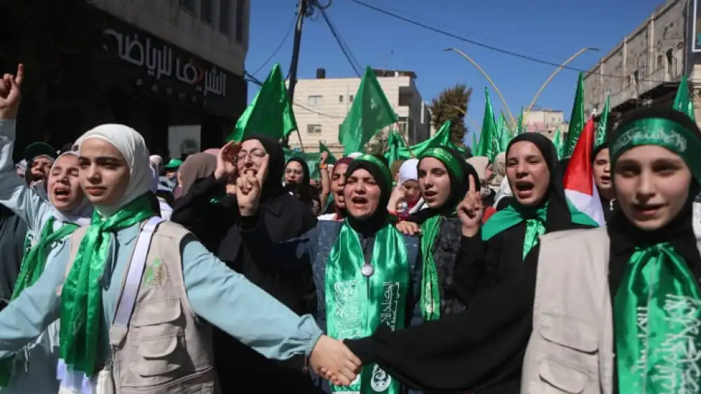 Palestinian women march in Hebron in support of Hamas in the Gaza Strip, Oct. 13, 2023. Photo by Wisam Hashlamoun/Flash90.