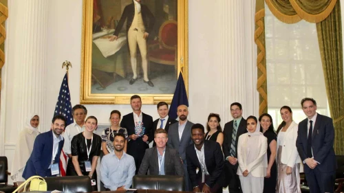 The 2023 Abraham Accords Anniversary Delegation meets with Edward Mermelstein, New York City's commissioner for international affairs, at NYC City Hal on Sept. 7, 2023. Credit: Courtesy.