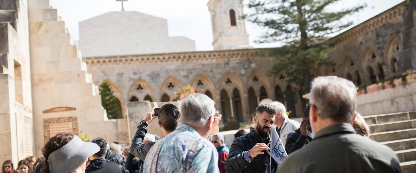Tourists visit the Church of the Pater Noster, a Roman Catholic Church located on the Mount of Olives in Jerusalem, on Dec. 3, 2018. It is part of a Carmelite monastery, also known as the Sanctuary of the Eleona. Photo by Hadas Parush/Flash90.