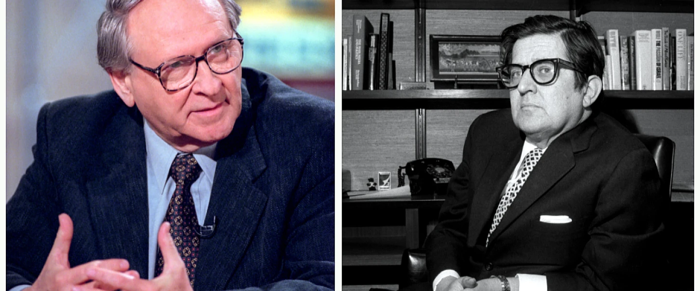 William Safire, left, and A.M. (“Abe”) Rosenthal. Credit: Alamy Stock Photo, Richard Ellis; Associated Press.