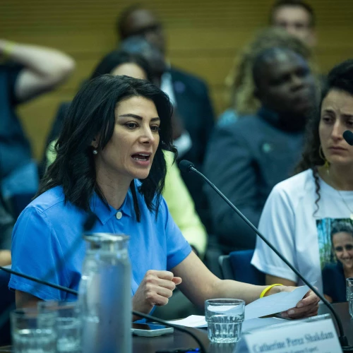 Syrian-Lebanese peace activist Rawan Osman addresses a meeting of the “Global Women’s Coalition Against Gender-Based Violence as a Weapon of War" at the Knesset in Jerusalem, May 20, 2024. Photo by Yonatan Sindel/Flash90.