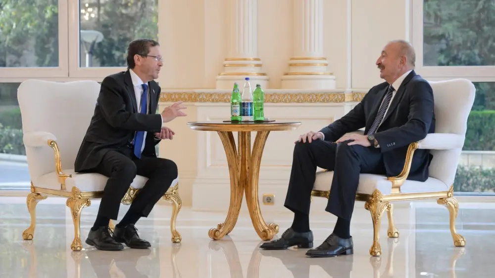 Israeli President Isaac Herzog meet with Azerbaijani President Ilham Aliyev in Baku on Oct.12, 2026. Credit: Maayan Toaf / GPO